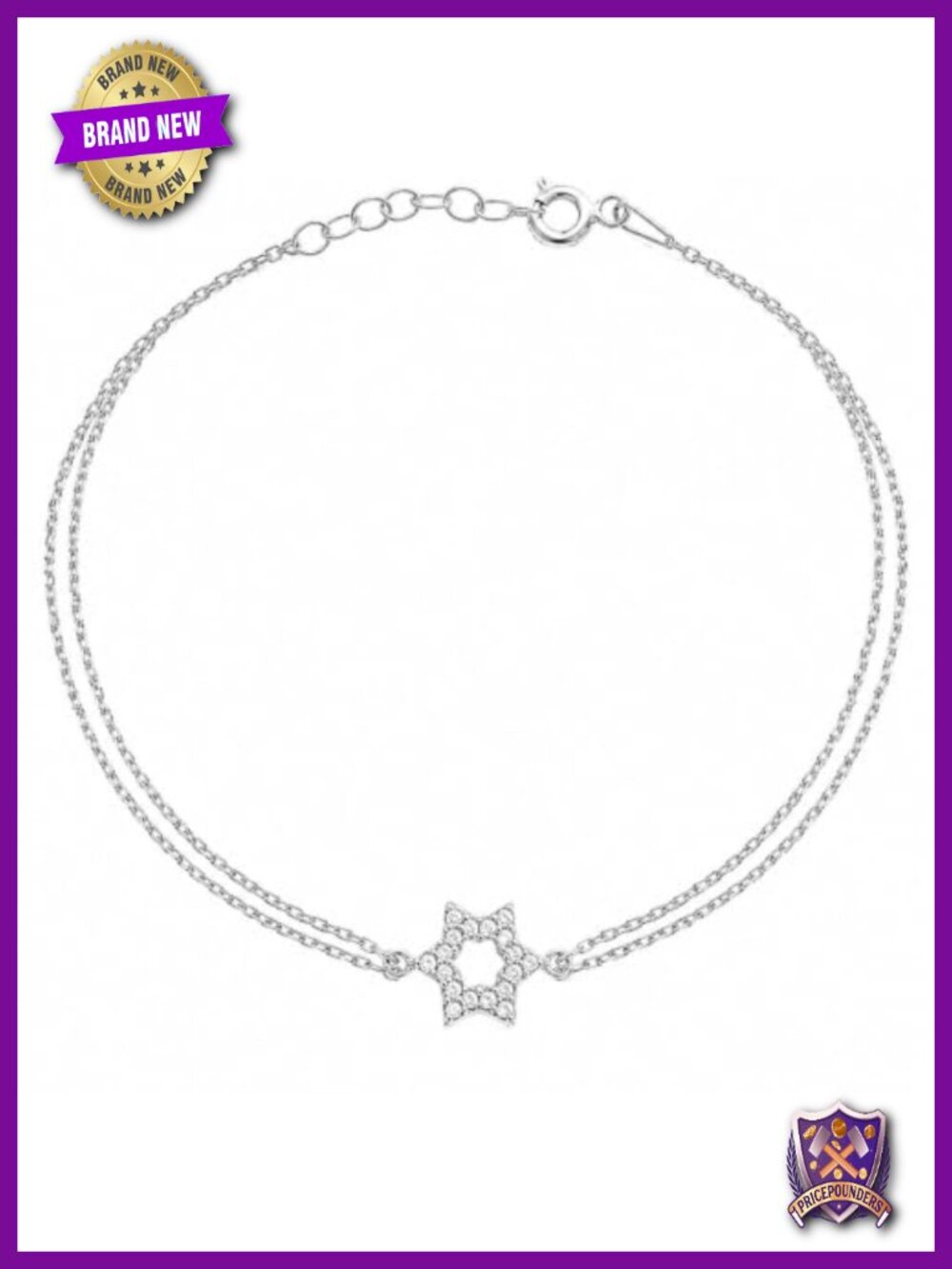 Star of David Pave CZ Charm Bracelet Sterling Silver Adjustable